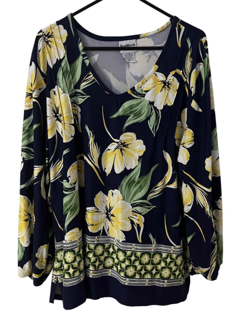 Bonworth Dark Blue Floral Pleated Stripes Geometric Boho Women's Size XLP Tunic